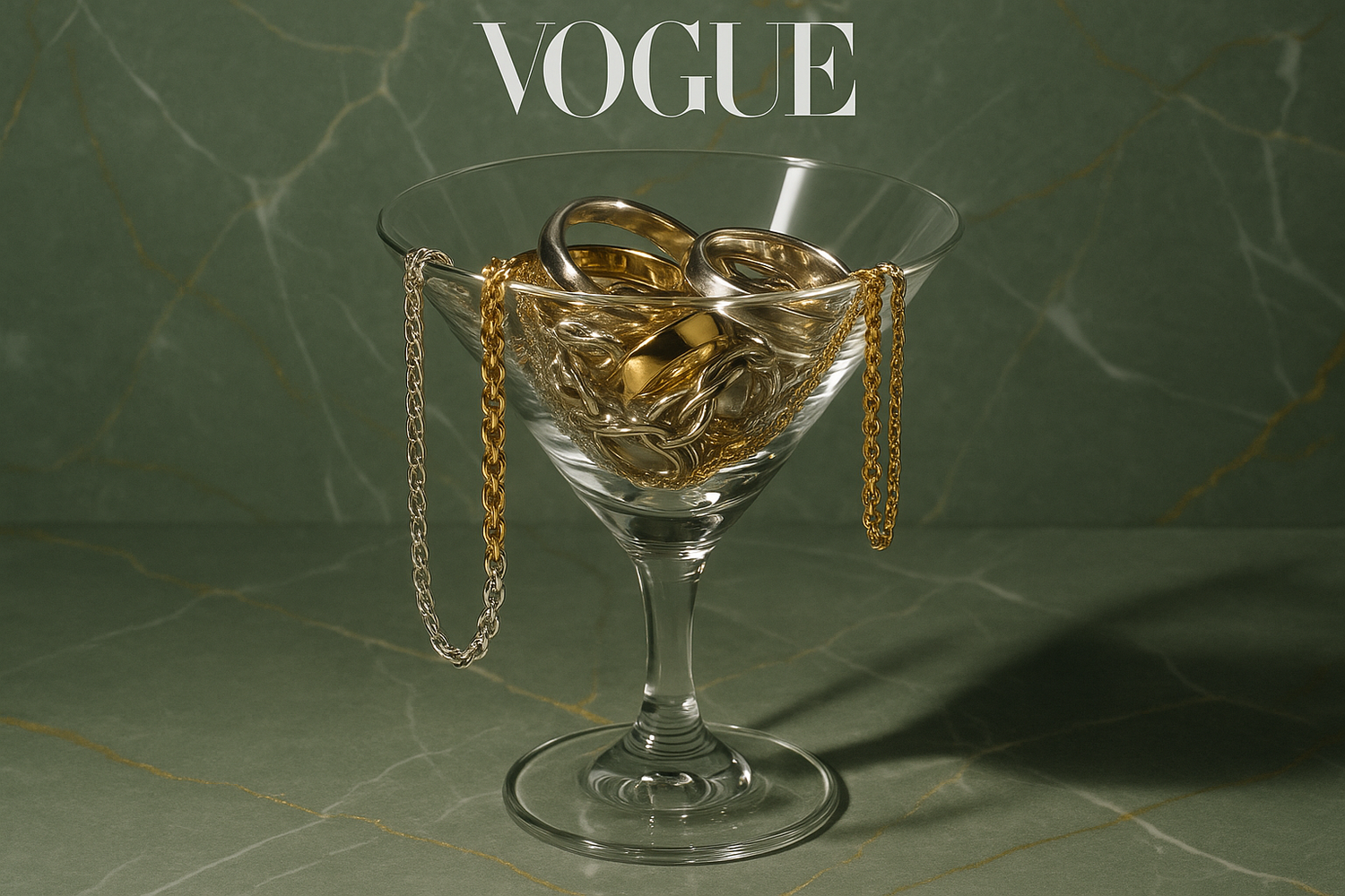 A picture of a martini glass filled with modern day fashion jewelry, on a sage green marble background.